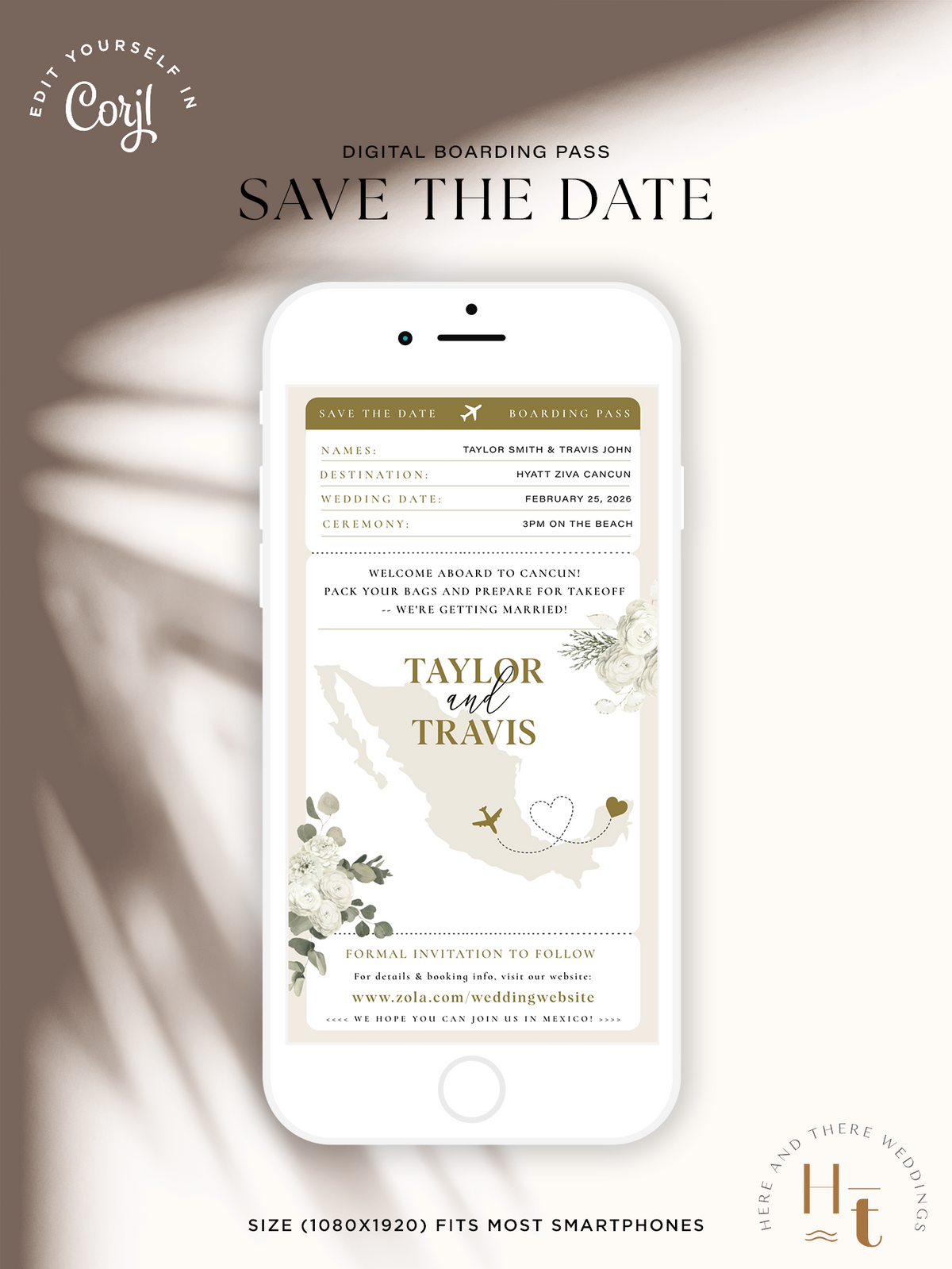 [Digital Product] Classic White Rose | Digital Save The Date Boarding Pass